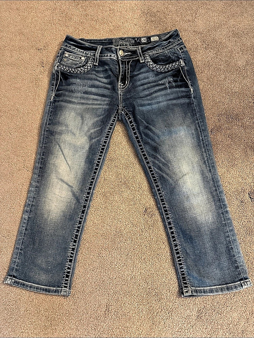 Miss Me Signature Braided Flap Pocket Capri Jeans Blue Waist 28